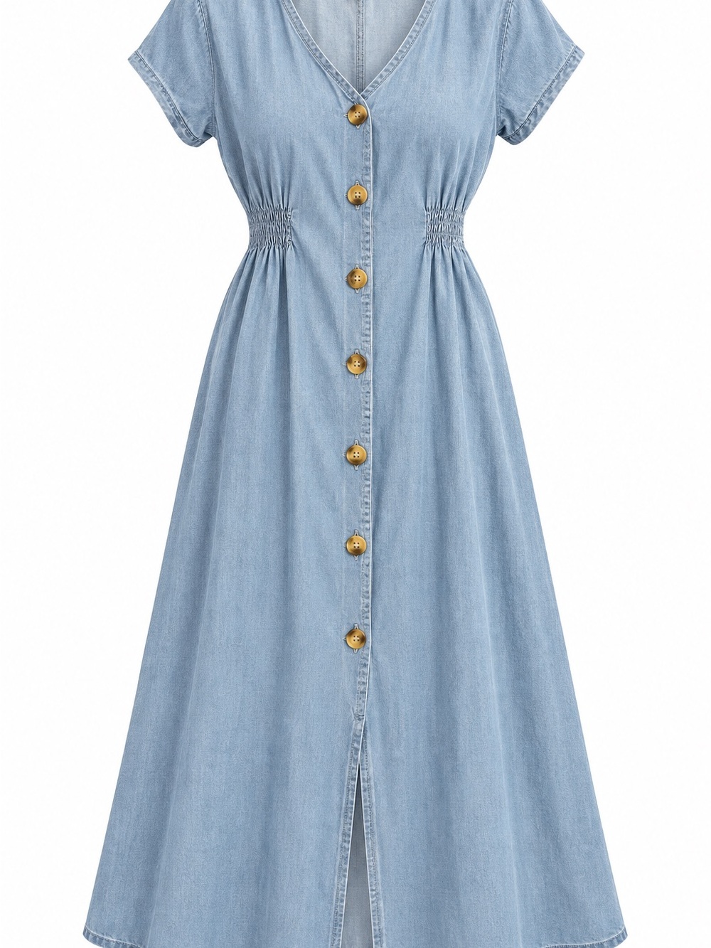Light Blue Denim Midi Dress with Button Front